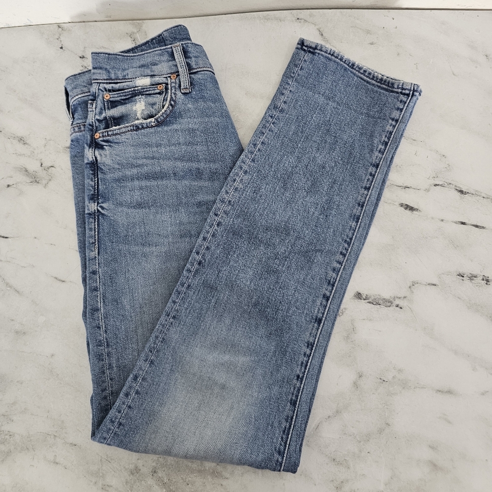 MOTHER High Waisted Hiker Hover High Rise Distressed Straight Leg Blue Jeans 25 - Picture 4 of 11